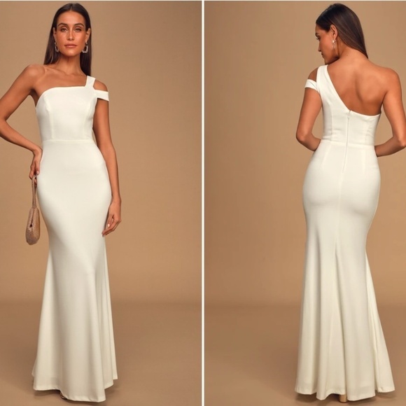 LULU's Bridal Wedding Chic Modern Sexy One Shoulder Mermaid Trumpet Maxi Gown - Picture 1 of 3